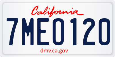 CA license plate 7MEO120