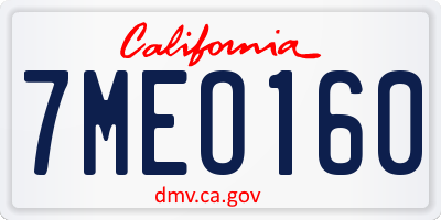 CA license plate 7MEO160