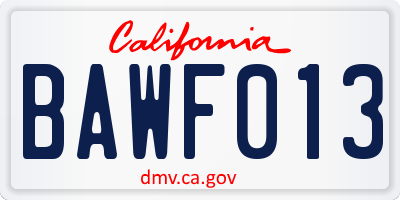 CA license plate BAWF013