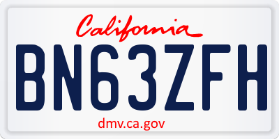 CA license plate BN63ZFH