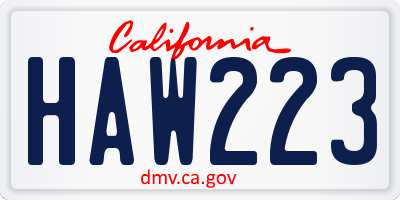 CA license plate HAW223