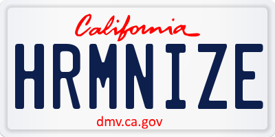 CA license plate HRMNIZE