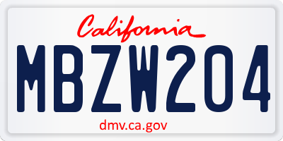 CA license plate MBZW204