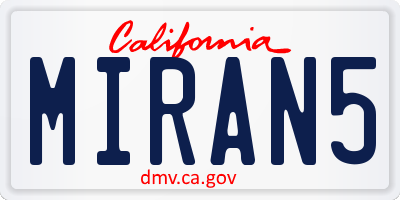 CA license plate MIRAN5