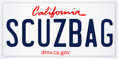 CA license plate SCUZBAG