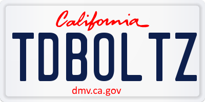 CA license plate TDBOLTZ