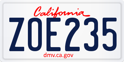 CA license plate ZOE235