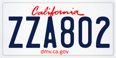 CA license plate ZZA802
