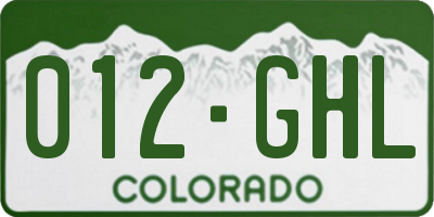 CO license plate 012GHL