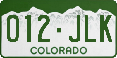 CO license plate 012JLK