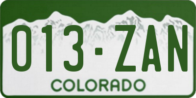 CO license plate 013ZAN