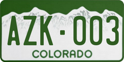 CO license plate AZK003
