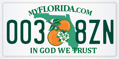 FL license plate 0038ZN