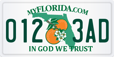 FL license plate 0123AD