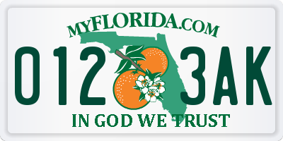 FL license plate 0123AK