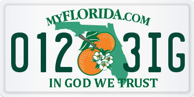 FL license plate 0123IG