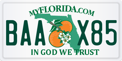 FL license plate BAAX85