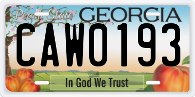 GA license plate CAW0193
