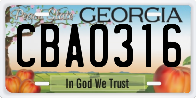 GA license plate CBA0316