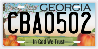 GA license plate CBA0502