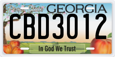 GA license plate CBD3012
