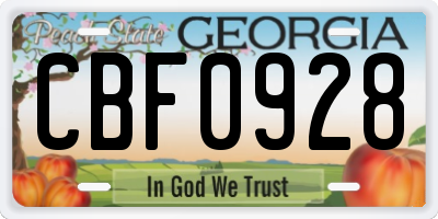 GA license plate CBF0928