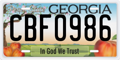 GA license plate CBF0986
