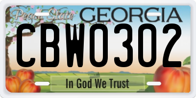 GA license plate CBW0302