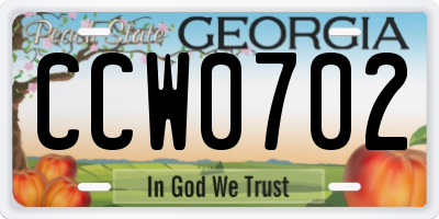 GA license plate CCW0702