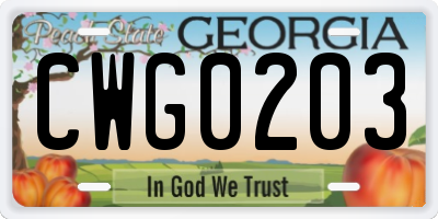 GA license plate CWG0203