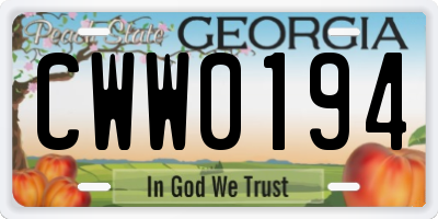 GA license plate CWW0194