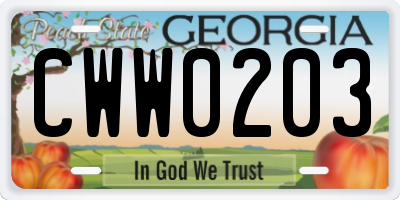 GA license plate CWW0203