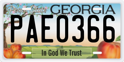 GA license plate PAE0366
