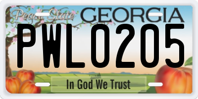 GA license plate PWL0205