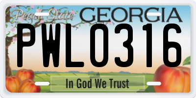 GA license plate PWL0316
