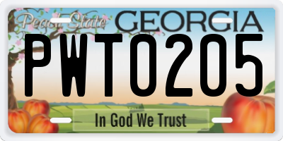 GA license plate PWT0205