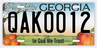 GA license plate QAK0012
