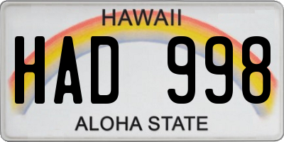 HI license plate HAD998