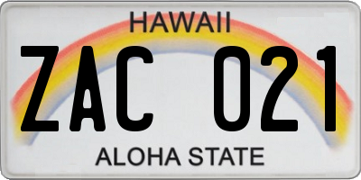 HI license plate ZAC021