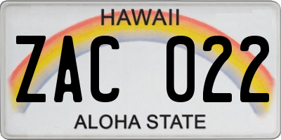 HI license plate ZAC022