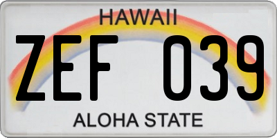 HI license plate ZEF039