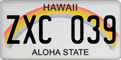 HI license plate ZXC039