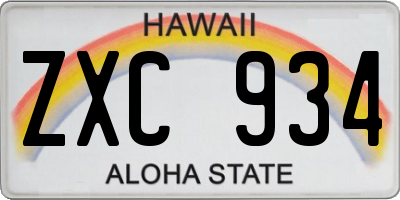 HI license plate ZXC934