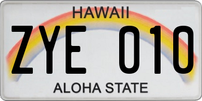 HI license plate ZYE010