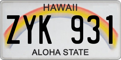 HI license plate ZYK931