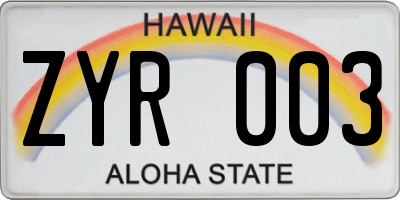 HI license plate ZYR003