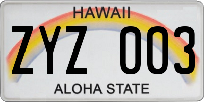 HI license plate ZYZ003