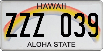 HI license plate ZZZ039