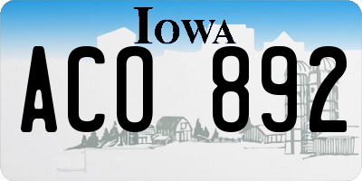 IA license plate ACO892