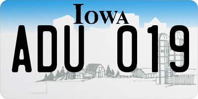 IA license plate ADU019
